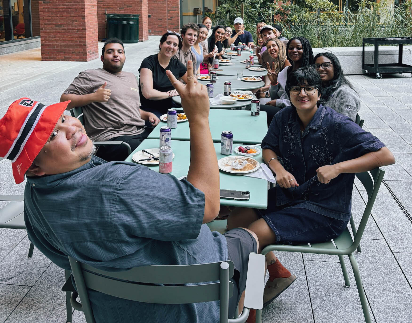 Gutmann residents eat together in the Gutmann Courtyard