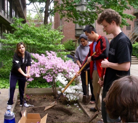 Members of KCECH's Biosphere program dig a pond for their courtyard